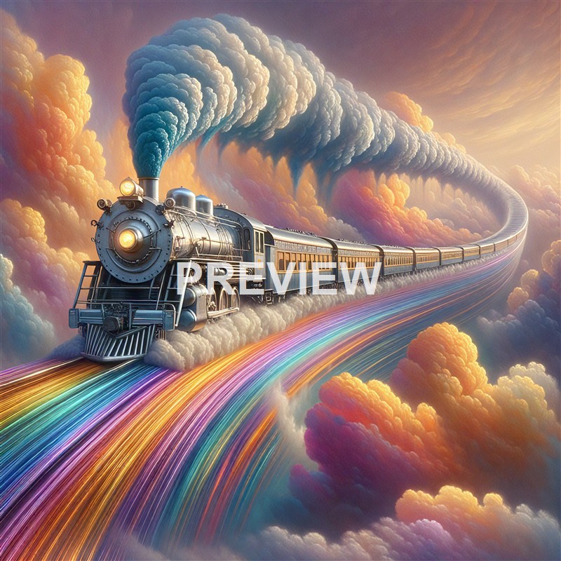 A vintage steam locomotive train traveling through a surreal, colorful sky with rainbow-colored tracks and large, fluffy clouds, emitting thick smoke.